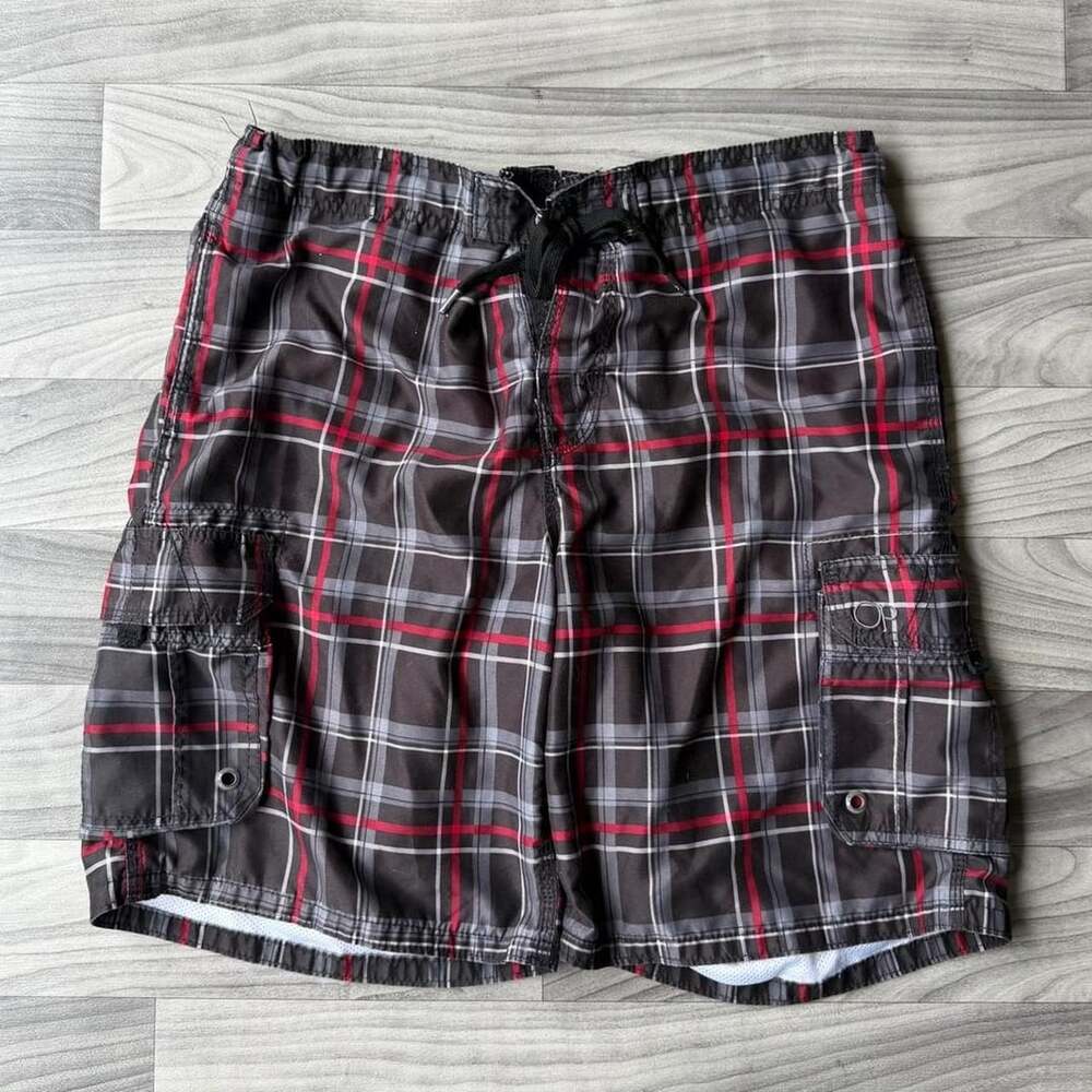 OP Ocean Pacific Cargo Board Shorts Size M (32-34) Black Red Plaid Y2K